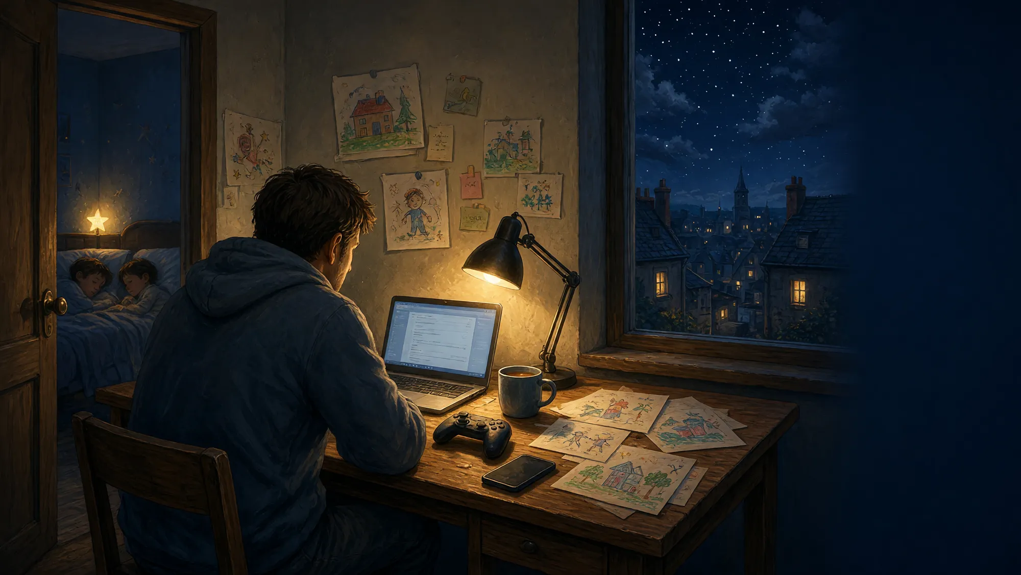 Un papa code à son bureau, la nuit, sous une lampe. Derrière la porte entrouverte, ses deux enfants dorment. Son téléphone est posé, éteint.